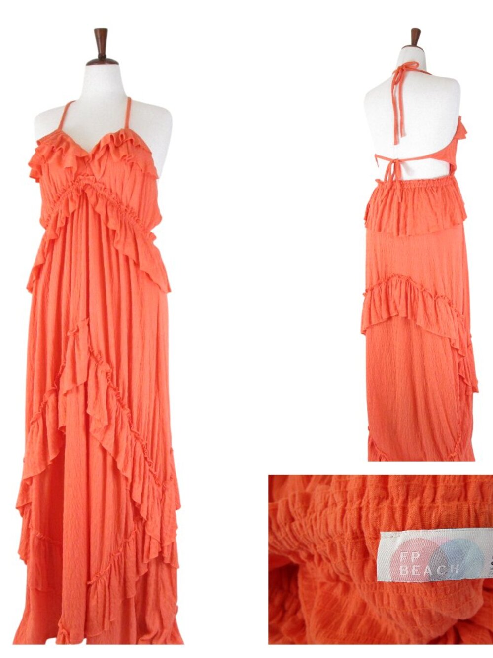 Free People Beach Womens Orange Salmon Ruffled Halter Long Maxi Dress Size L